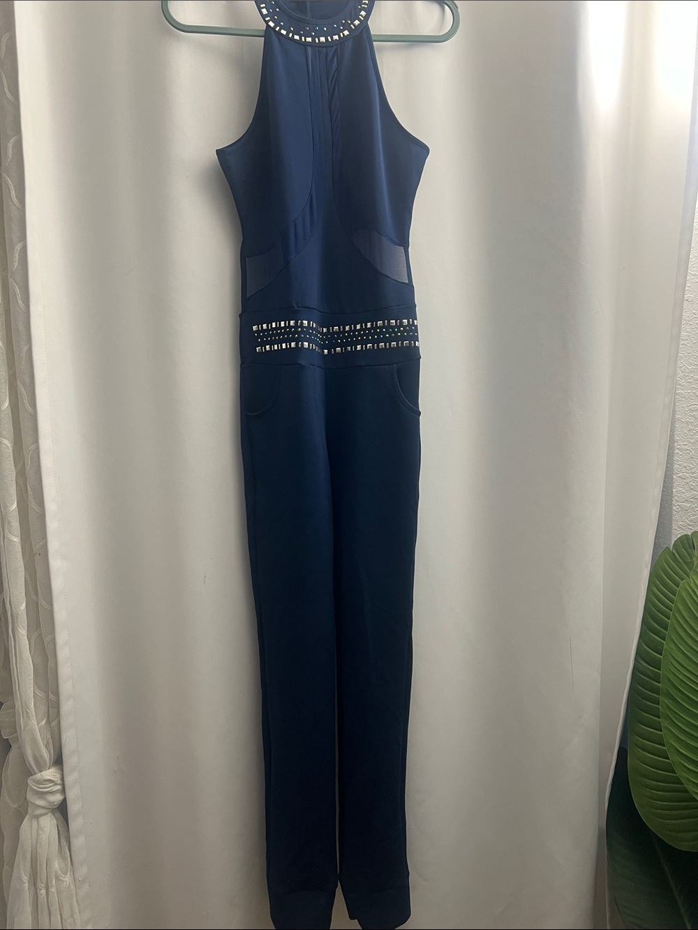 Sleeveless Navy Embellished Halter Jumpsuit